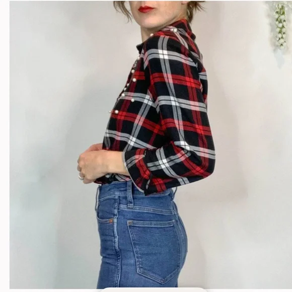 ZARA Basic Collection Black and Red White Faux Pearls Plaid Button Down Shirt ❤️ - Picture 5 of 11